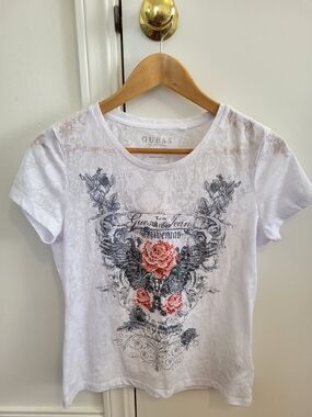 GUESS White Floral Graphic Tee With Rhinestones